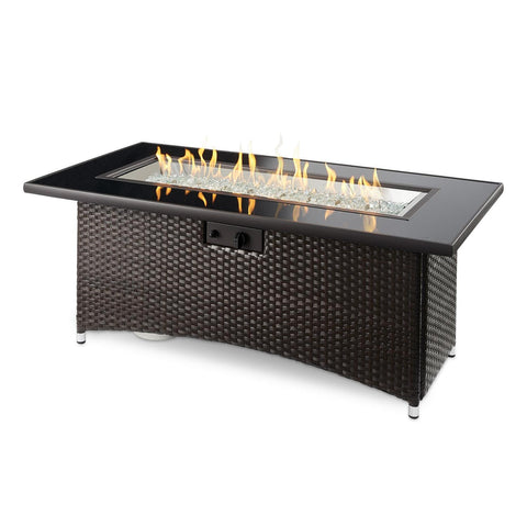 Montego 59 Inch Rectangular Wicker Natural Gas Fire Pit Table in Brown By The Outdoor GreatRoom Company