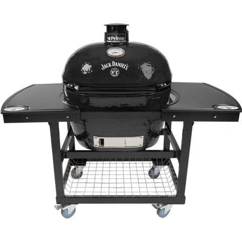 Primo Jack Daniels Edition Oval XL 400 Ceramic Kamado Grill On Steel Cart With 2-Piece Island Side Shelves And Stainless Steel Grates - PGCXLHJ (2021)