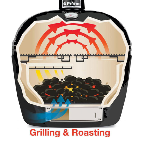 Primo Oval Large 300 Ceramic Kamado Grill On Steel Cart With 2-Piece Island Side Shelves And Stainless Steel Grates - PGCLGH (2021)