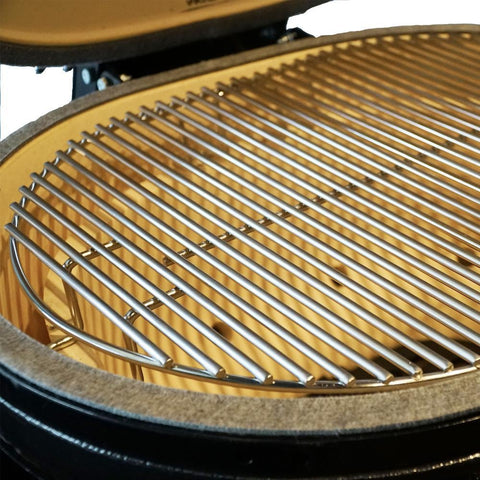 Primo Oval XL 400 Ceramic Kamado Grill On Curved Cypress Table With Stainless Steel Grates - PGCXLH (2021)