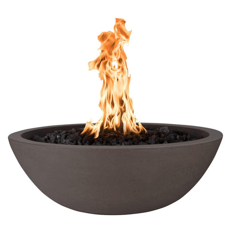 Sedona 27 Inch Match Light Round GFRC Concrete Propane Fire Bowl in Chocolate By The Outdoor Plus