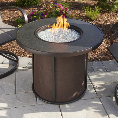 Stonefire 31 Inch Round Aluminum Propane Fire Pit Table in Brown By The Outdoor GreatRoom Company