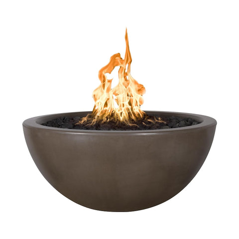 Luna 30 Inch Match Light Round GFRC Concrete Propane Fire Pit in Chocolate By The Outdoor Plus
