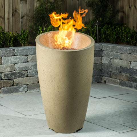 Eclipse 23 Inch Round GFRC Concrete Propane Fire Urn in Cafe Blanco By American Fyre Designs