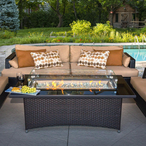Montego 59 Inch Rectangular Wicker Natural Gas Fire Pit Table in Brown By The Outdoor GreatRoom Company