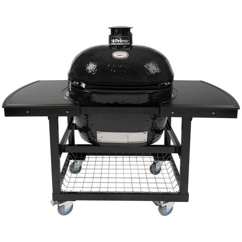 Primo Oval XL 400 Ceramic Kamado Grill On Steel Cart With 2-Piece Island Side Shelves And Stainless Steel Grates - PGCXLH (2021)